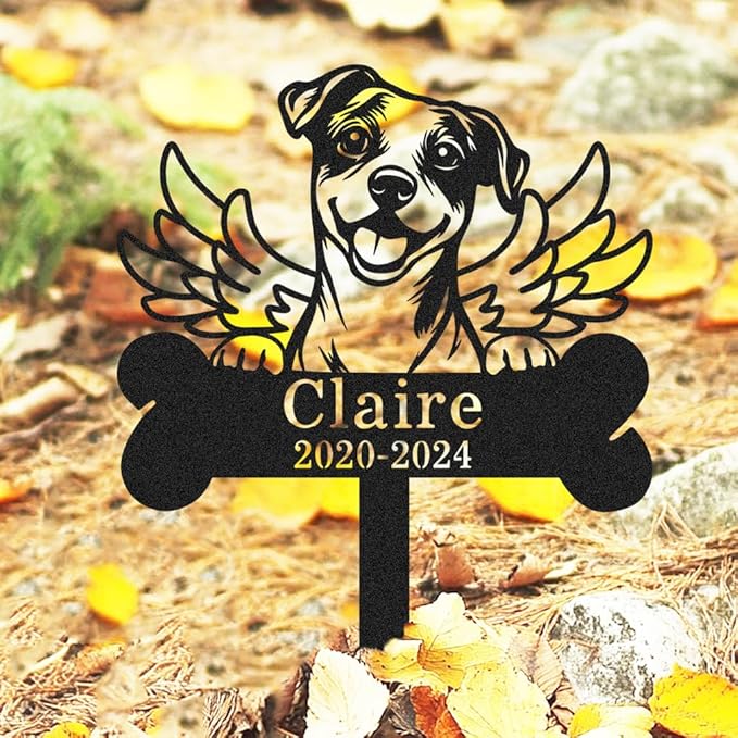 Custom Wings Dog Memorial Stake Bone Grave Marker, Personalized Jack Russell Terrier Memorial Garden Stake Yard Sign for Cemetery Lawn, Metal Sympathy Grave Marker for Dogs Memorial Plaque