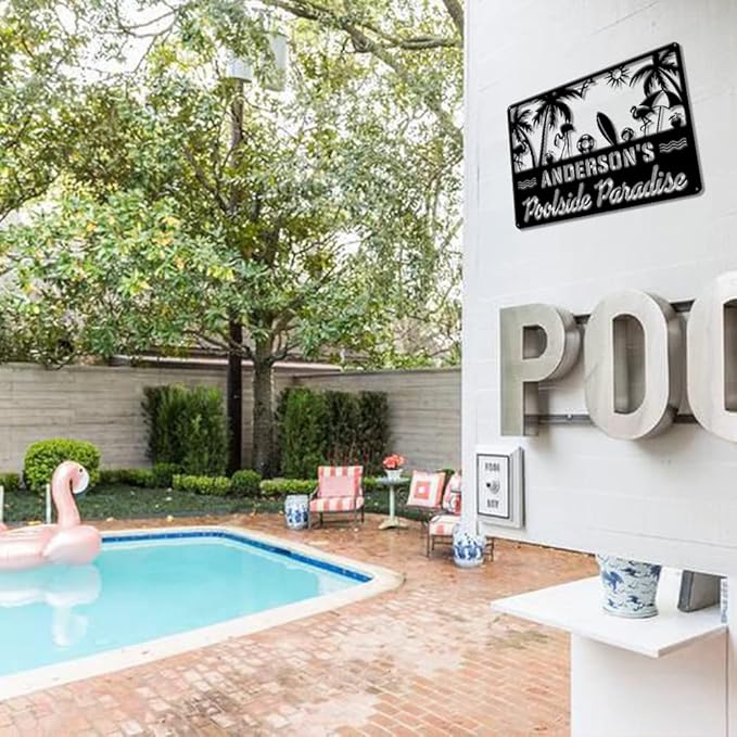 MeMate Outdoor Decor - Personalized Metal Sign for Pool, Patio, Porch, Deck - Flamingo Large Sign for Outside - Housewarming Gift