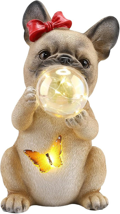 9.8" Solar Dog Garden Statue with Bubble & Butterfly Lights, Cute Sitting Puppy Resin Outdoor Decor, Waterproof Solar Powered Animal Statue for Yard, Lawn, Garden