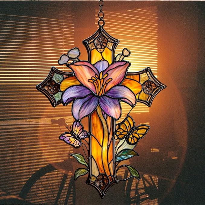 Magnolia Cross Acrylic Suncatcher Stained Glass Effect Window Car Hanging Christmas Ornament Indoor Outdoor Decor Garden Memorial Sun Catcher for Family Christmas Jesus Gift for Women Mom Grandma