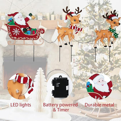 Afirst Christmas Yard Stakes Lighted Up Metal Christmas Outdoor Decorations with Lights Santa Claus On Sleigh Reindeers Lighted Metal Yard Stakes Xmas Garden Stake Lawn Pathway Outdoor Decoration