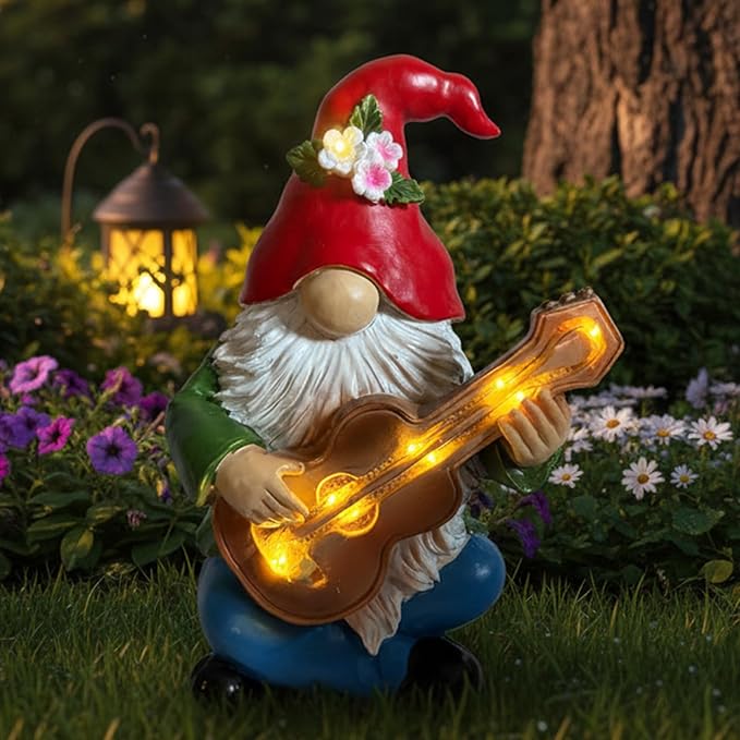 Solar Garden Gnome Figurine with Light Up Guitar - 8" Hippie Outdoor Statue with Lights, Resin Garden Decor | Funny Lawn Ornament & Garden Gift