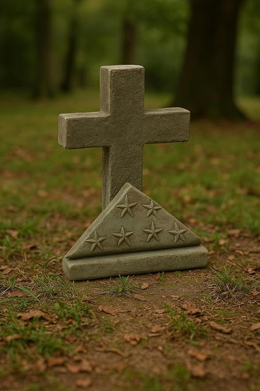 Flag and Cross Memorial Statue – 18” Handcrafted Concrete Outdoor Memorial – Patriotic Garden Decor – Heavy-Duty Cast Stone Cemetery Monument – Made in USA