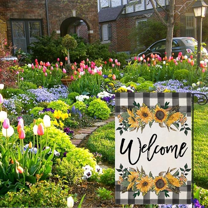 LARMOY Spring Welcome Garden Flag for Outdoor,12×18 Double Sided Black and White Buffalo Plaid with Sunflowers,Small Yard Flags for Summer All Seasons,Seasonal Farmhouse Outside Holiday Decor