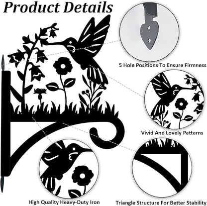 Hummingbird Plant Hanger Hooks Iron Plant Brackets 10.6 x 14.1 Inch Black Flowers Bird Silhouette Indoor Outdoor Decorative Basket Wall Mounted Hanging Bracket for Garden Wind Chime Lantern