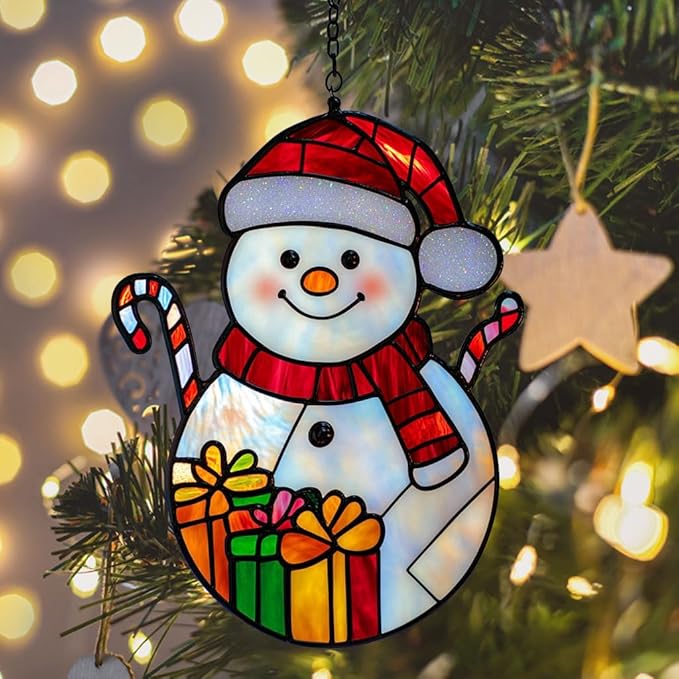 Cute Snowman Acrylic Suncatcher Stained Glass Effect Window Car Hanging Christmas Ornament Indoor Outdoor Decor Garden Sun Catcher Panel for Christmas Lover for Women Mom Grandma
