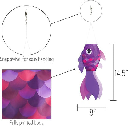 In the Breeze 5222 — 15-inch Lavender Damsel Fish Windsock — Colorful Purple Fishsock Hanging Garden Decor with Detailed Printed Graphics