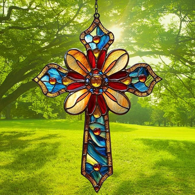 Christian Cross Acrylic Suncatcher Stained Glass Effect Window Car Hanging Christmas Ornament Indoor Outdoor Decor Garden Memorial Sun Catcher for Family Christmas Jesus Gift for Women Mom Grandma