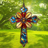 Christian Cross Acrylic Suncatcher Stained Glass Effect Window Car Hanging Christmas Ornament Indoor Outdoor Decor Garden Memorial Sun Catcher for Family Christmas Jesus Gift for Women Mom Grandma