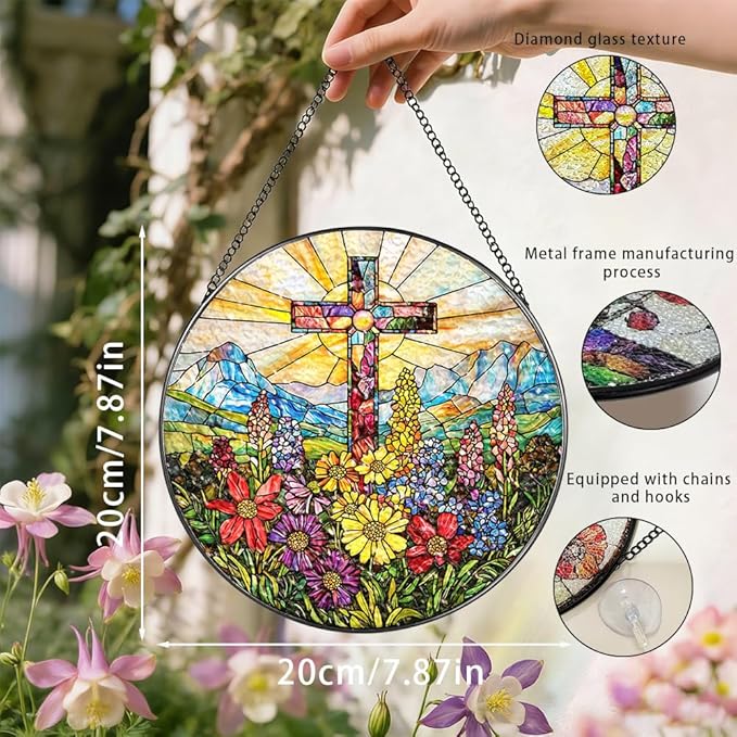 Stained Glass Suncatcher Window Hanging, 7.8 Inch Handmade Sunflower Garden suncatchers, Suncatcher Home Decor,Gift for Women, Mom, Grandma (Cross)