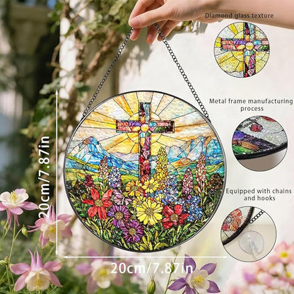 Stained Glass Suncatcher Window Hanging, 7.8 Inch Handmade Sunflower Garden suncatchers, Suncatcher Home Decor,Gift for Women, Mom, Grandma (Cross)