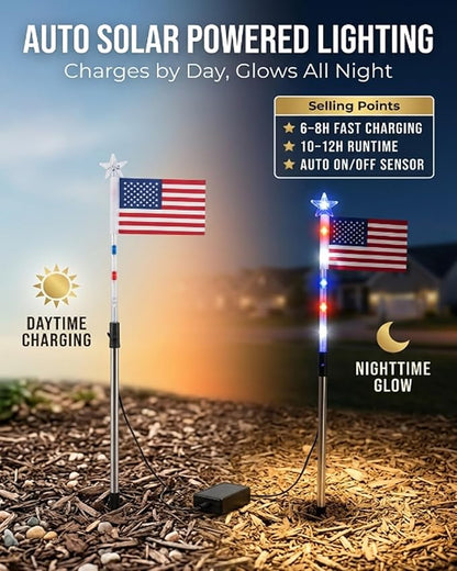 8 Solar American Flag Pathway Lights - Red, White & Blue Yard Glow for 250th Independence Celebration Us, Outdoor Garden Patriotic Decorations Set with Stake for 4th of July Party(8-Pieces)