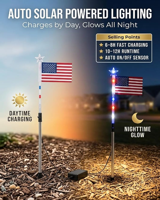 8 Solar American Flag Pathway Lights - Red, White & Blue Yard Glow for 250th Independence Celebration Us, Outdoor Garden Patriotic Decorations Set with Stake for 4th of July Party(8-Pieces)