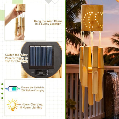 Bamboo Wind Chimes with Solar Accent Light, Outdoor Wooden Wind Chimes 6 Bamboo Tubes, Deep Tone, Hanging Solar Windchimes for Patio Garden Yard Porch Balcony Decor, 35 x 3.5 Inches