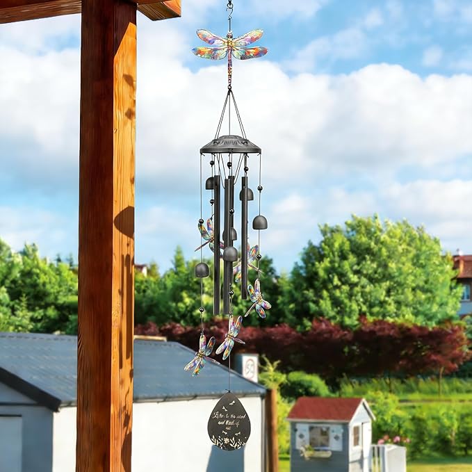 Dragonfly Wind Chimes Outdoor Durable Black Metal Windchimes Garden Patio Decor Dragonfly Gifts for Women/Men, Garden/Yard Decor, Memorial/Birthday Gifts for Grandma/Mom, Chimes for Outside