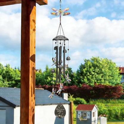 Dragonfly Wind Chimes Outdoor Durable Black Metal Windchimes Garden Patio Decor Dragonfly Gifts for Women/Men, Garden/Yard Decor, Memorial/Birthday Gifts for Grandma/Mom, Chimes for Outside