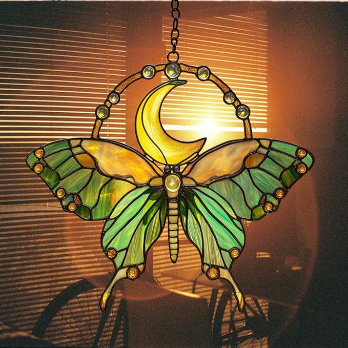 Cresent Luna Moth Acrylic Suncatcher Stained Glass Effect Window Car Hanging Christmas Ornament Indoor Outdoor Decor Garden Sun Catcher Panel for Butterfly Lover for Women Mom Grandma