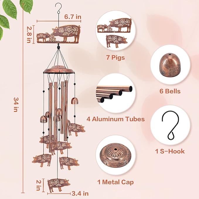 Pig Wind Chimes for Outside,Pig Gifts for Women Men/Memorial Gifts/House Warming/Birthday Metal windchimes Outdoors/Indoors,Garden,Patio Decor,Home,Porch,Yard Decorations
