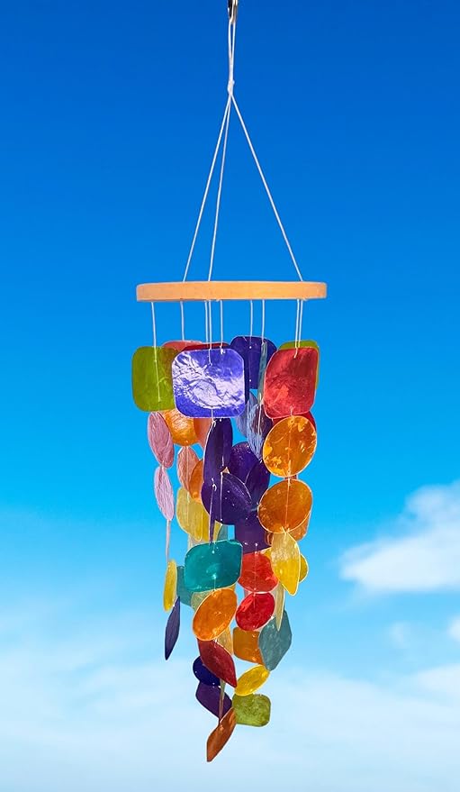 Top Brass 24” Rainbow Windchime – Unique Capiz Seashells with Square and Round Shells – Blue, Green, Red, Orange, Yellow, Purple and Aqua - Soothing Soft Sounds - Hanging Outdoor Porch Patio Décor