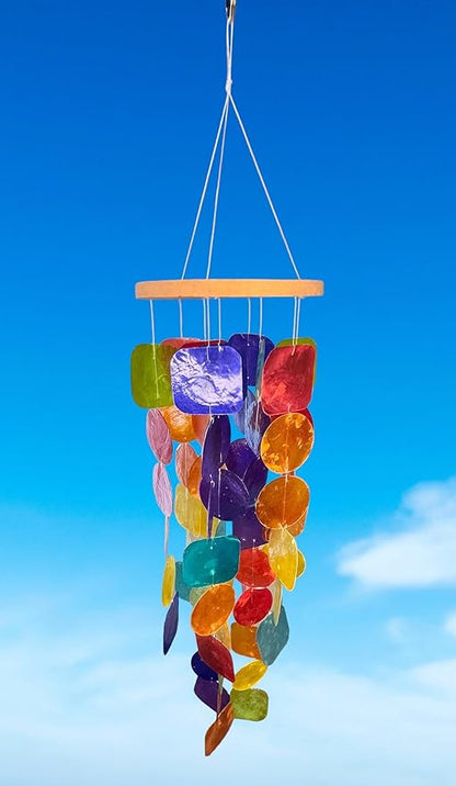 Top Brass 24” Rainbow Windchime – Unique Capiz Seashells with Square and Round Shells – Blue, Green, Red, Orange, Yellow, Purple and Aqua - Soothing Soft Sounds - Hanging Outdoor Porch Patio Décor