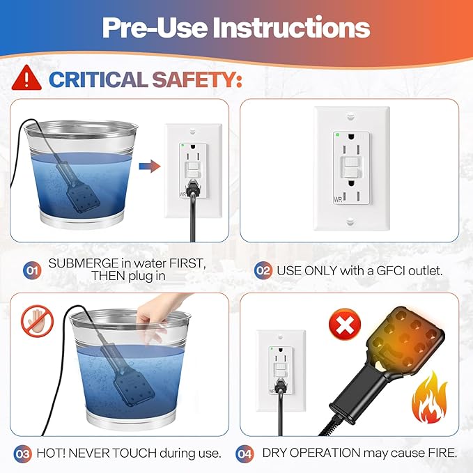 120V 800W Pond De-Icer and Chicken Water Heater for Livestock Tank Heater, Featuring Power-Off Protection, Overheating Protection, GFCI Plug & 9.2FT UL Approved Cord