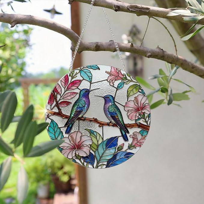Hummingbird Flower Plant Suncatcher, Colorful Window Door Decoration, Acrylic Wall Hanging Art, Home Garden Decors, Mother's Day Christmas Festival Decor Ornament, Gift for Birds Lover