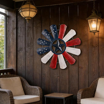 JJALIGHTS 23" Windmill Wall Decor, Patriotic American Flag Metal Wall Art with Texas Star, 4th of July Indoor Outdoor Decorations for Farmhouse Porch Garden Patio Fence Home