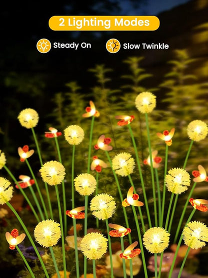 Solar Garden Lights Outdoor ,8 Pack 64 LED, Solar Swaying Dandelion Bee Lights Waterproof, Swaying Firefly Lights for Yard Pathway Lawn Patio Decorations, 2 modes (Steady on, Slow Twinkle), Warm White