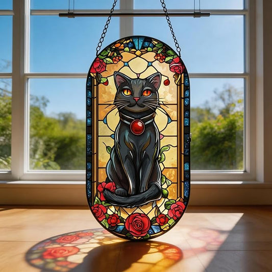Stained Glass Window Hanging, Black Cat Sun Catcher for Window Door Wall Home Kitchen Living Room Meditation Decoration, Gifts for Women, Daughter, Mom, Father, Mother's Day Birthday