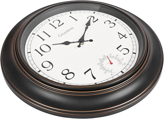 Crosstime Large Outdoor Clock Waterproof 18" - Retro Indoor Outdoor Wall Clocks with Thermometer for Patio Pool Garden Living Room Decor,Bronze