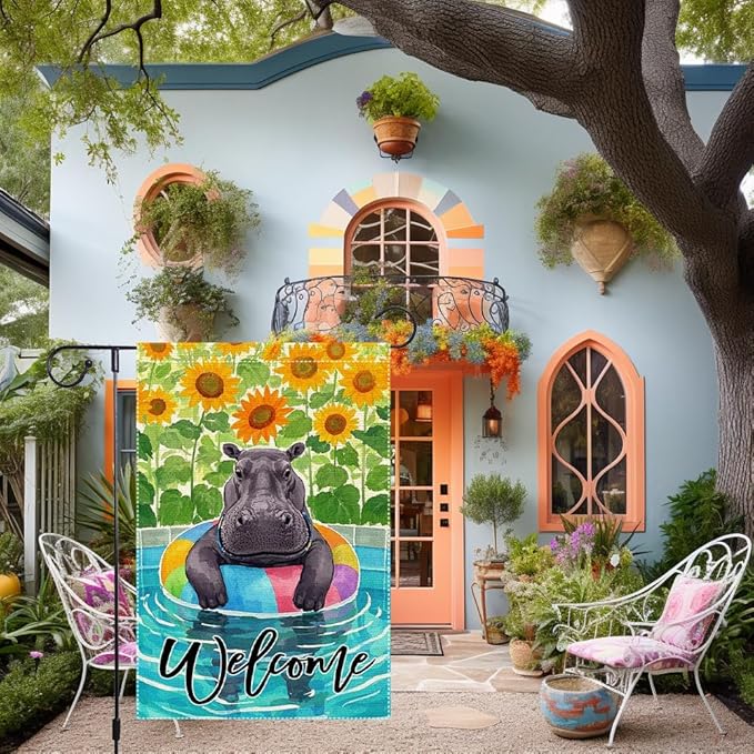 Sunflowers Garden Flag Swimming hippo Welcome Summer Garden Flags Vertical Double Sided Small Burlap Enjoy a Holiday Lawn Yard Outdoor Decorations