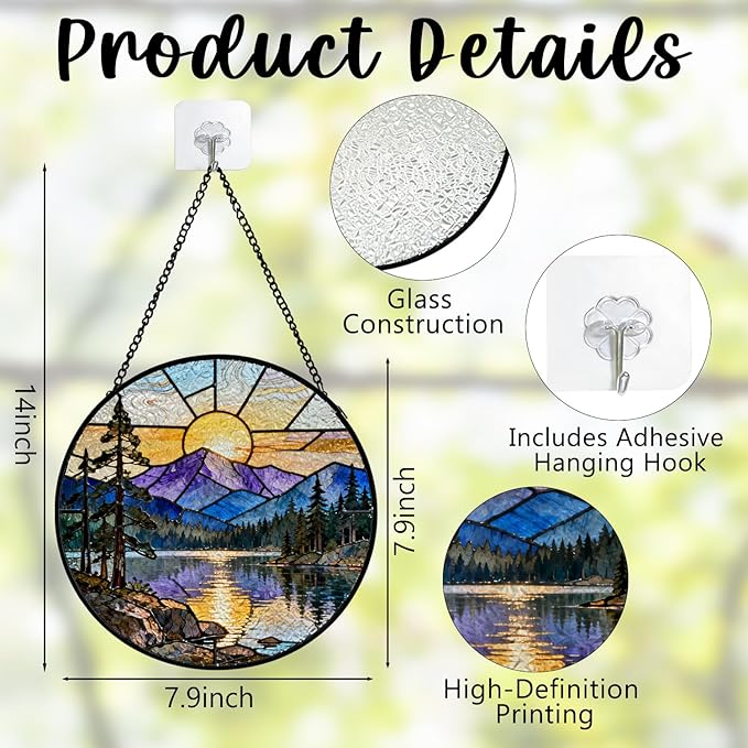 Rustic Lake Mountain Sunset Stained Glass Window Hanging, Nature Forest Lake Scenic Landscape Suncatcher Indoor Window Glass Round Wall Art Decor, 7.9x7.9 Inch