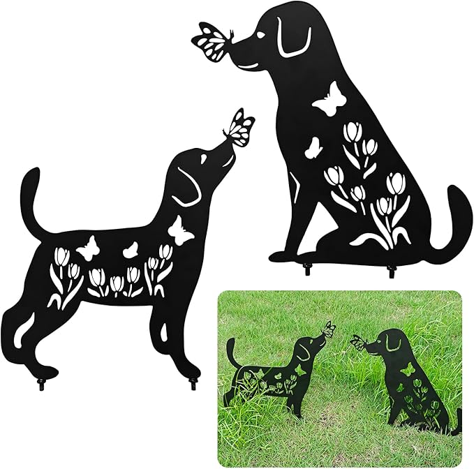 Dog Decor Outdoor Metal Decor, Garden Gecor for Outside Dog Garden Statue, Black Puppy Outdoor Garden Decor, Metal Garden Art Decorations, 2PCS (Dog1)