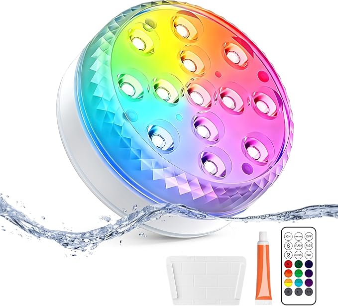 LOFTEK Submersible LED Lights with Remote, 13 LED Pool Lights for Inground Above Ground Pool, IP68 Waterproof 16 Color Changing Underwater Light for Ponds, Hot Tub, Bath, Battery Operated (1 Pack)