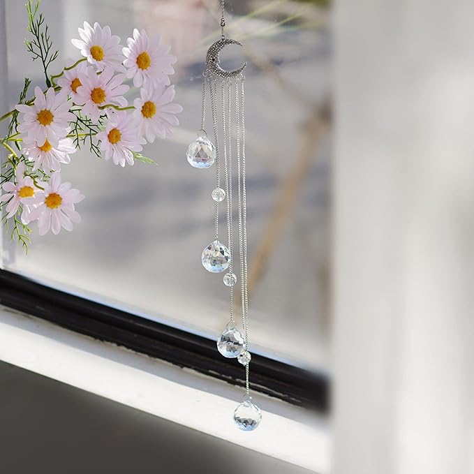20.5inch Hanging Clear Crystal Suncatcher Ornaments with Moon Decor Rainbow Maker Crystal Beads Ball Prisms Ornament for Christmas Tree