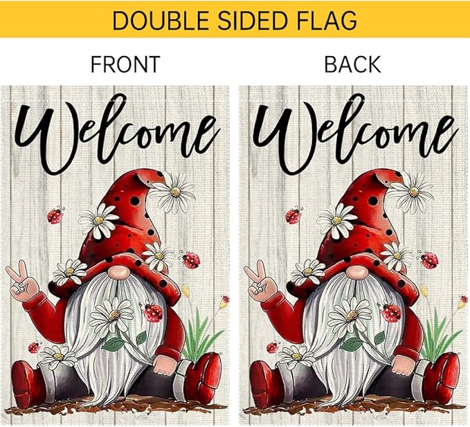 Welcome Garden Flag 12x18 Inch Double Sided with Spring Gnome, Daisies, Ladybugs, and Wooden Fence for Outdoor Yard Decoration