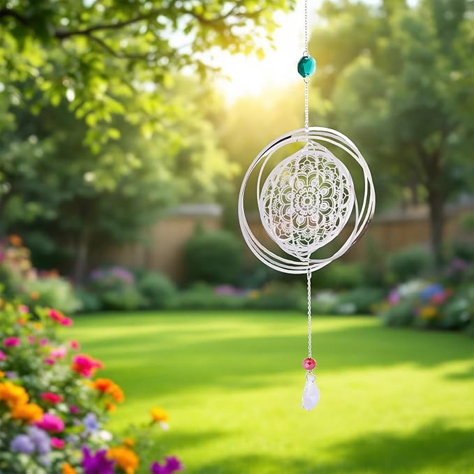 Stainless Steel Reflective Wind Spinners Outsides 3D Twisted Wind Chimes Gradient Flower Etched Metal Embellishments for Outdoor Indoor Garden Hanging Decor 2Pcs