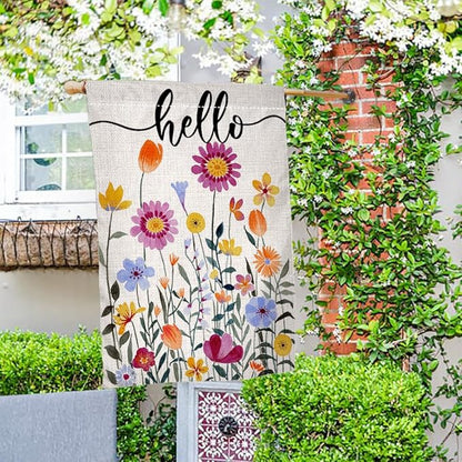 Hello Spring Floral House Flag 28 x 40 Vertical Double Sided Colorful Flowers Summer Farmhouse Holiday Outside Decorations Burlap Yard Flag BW257-40