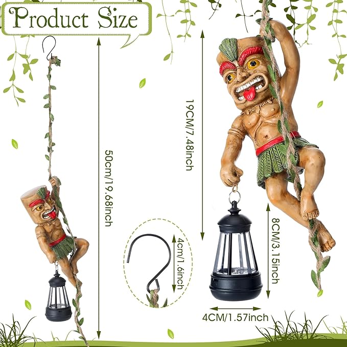 Kathfly Solar Light Outdoor Tiki Statues Resin Tiki Man Climbing on Vine with LED Lantern Waterproof Lamp Hanging Figurine with Hook for Hawaiian Gift Bar Decor Porch Patio Summer Yard Lawn Figurine