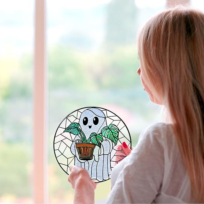 Cute Ghost Plant Stained Glass Sun Catcher Window Hanging Plant Lovers Gifts for Women Wall Decor Handmade SunCatcher Decoration for Garden Home Decor, 7.87inch