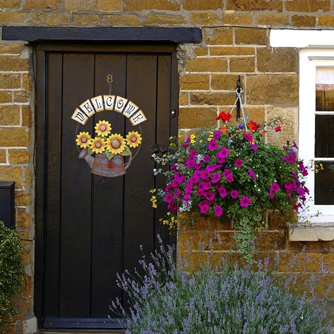 Welcome Sign Metal Hanging Sunflower Signs for Front Door Porch Wall - Rustic Decorative Door Hanger Indoor Outdoor Spring Decoration Wreath Decor (B)