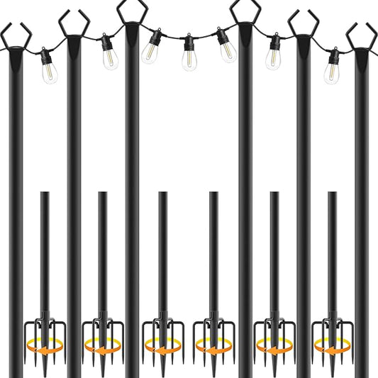 NUERPO 6 Pack String Light Poles,Metal Poles for Hanging Outdoor Light Strings,6 Pack 10 FT Light Poles Stand for Outside Garden,Patio,Wedding,Backyard,Deck,Party
