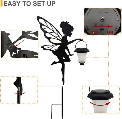 Solar Fairy Garden Stake Decorative Lantern, 2 Pack Metal Fairy Angel Garden Silhouette Lights for Lawn, Pathway, Patio, Yard Outdoor Decor
