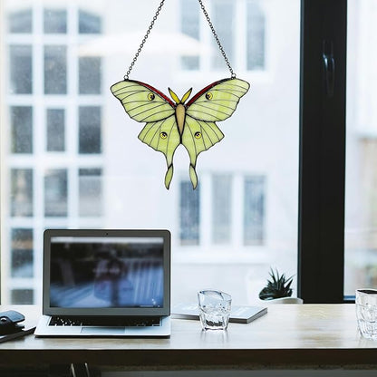 Green Luna Moth Stained Glass Window Hanging, Handmade Sun Catcher Glass Panel Wall Art Decor with Chain, Luna Moth Gifts for Women Mom Grandma, Outdoor Indoor Art Decor for Home Garden