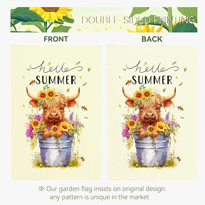 Hello Summer Garden Flag Highland Cow Yard Flag Summer Sunflower Honey Bee Floral Garden Flags Farmhouse Rustic Green Leaf House Banner for Seasonal Double Sided 12x18 Inch Outdoor Decoration