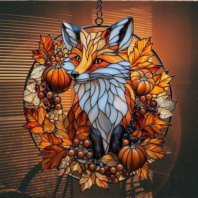 Autumn Cute Fox Acrylic Suncatcher Stained Glass Effect Window Car Hanging Christmas Ornament Indoor Outdoor Decor Garden Sun Catcher Panel for Fox Lover for Women Mom Grandma