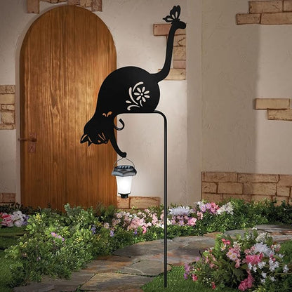 Cat Holding Solar Lantern Garden Stakes Outdoor Metal Cat Stakes Decorative Garden Stakes Suitable for Yard and Lawns(Cats Decor Garden Stake)