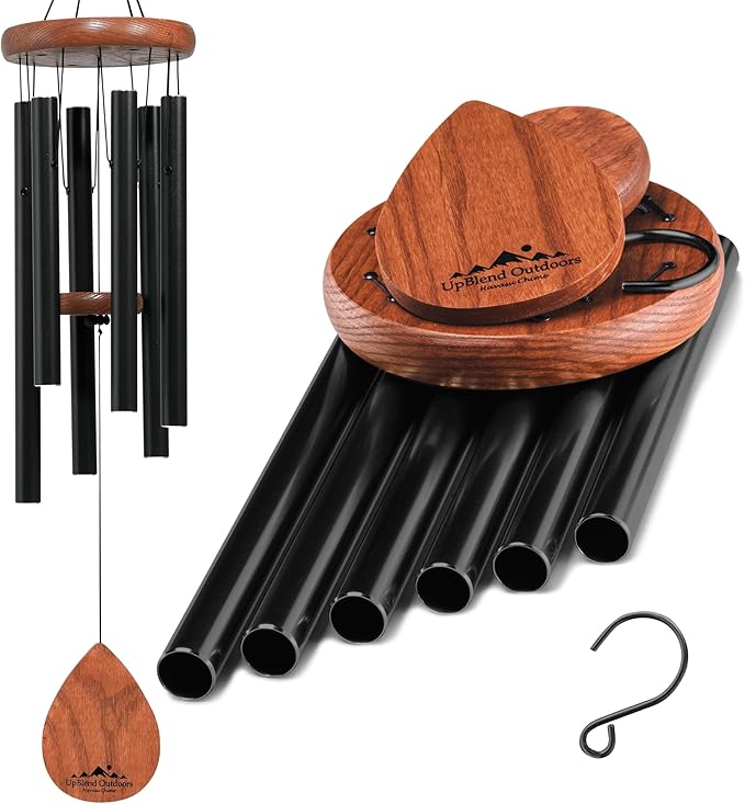 UpBlend Wind Chimes for Outside Gift – Deep Tone Wind Chime with Decorative Stone – Porch & Patio Decor, Elegant Outdoor Ornament, Garden Gifts. 28” Black.