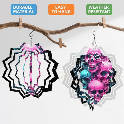 8 Inch Sublimation Wind Spinner, 3D Aluminum Metal Wind Spinner with Hook, Indoor Yard Garden Hanging Decoration, Weather Resistant Rotating Spiral Ornament, Neon Color Skulls
