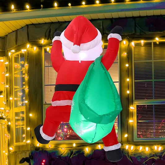 Jenaai 4 ft Christmas Inflatable Santa Claus Outdoor Decorations Climbing Hanging Santa Gift Bag with Build in LED Blow up Christmas Yard Decor for Xmas Porch Garden Lawn Vacation Indoor Outside